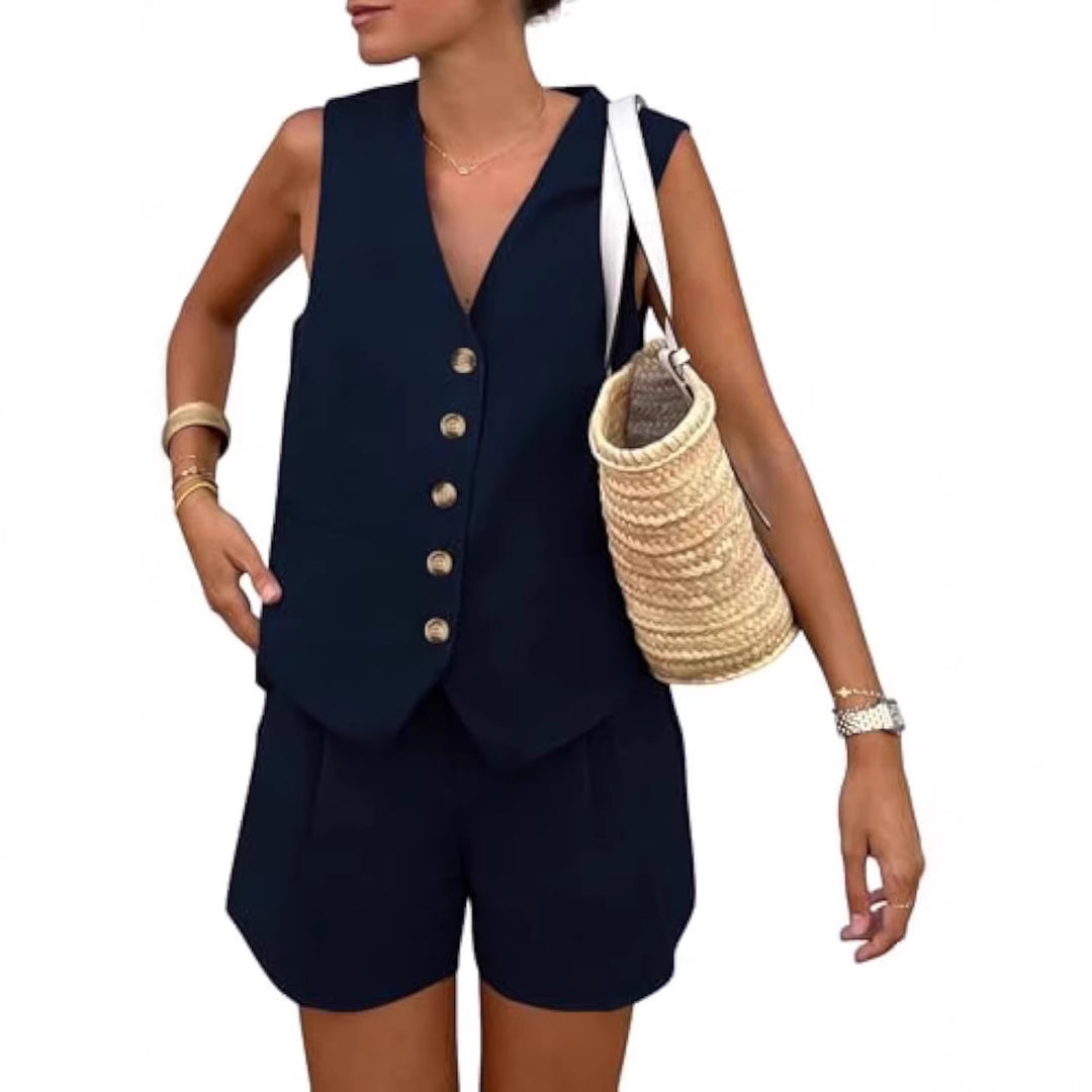 Damen elegantes Jumpsuit-Set mit tailliertem Schnitt und dekorativen Knopfdetails EB