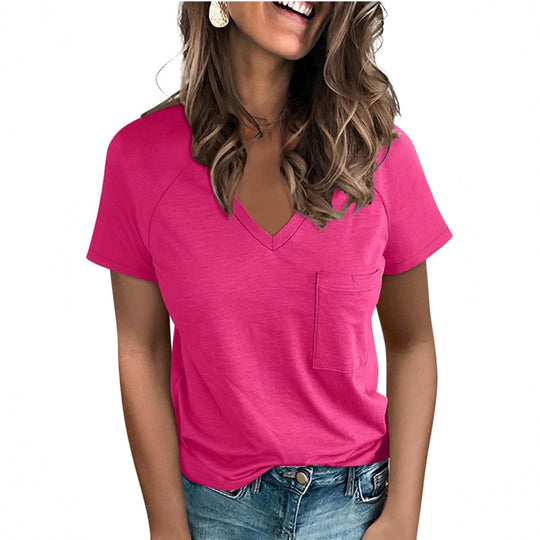 Damen V-Ausschnitt T-Shirt mit Brusttasche EB