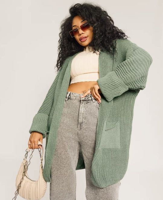 Damen Langer Strickcardigan mit offenen Fronten und praktischen Taschen EB