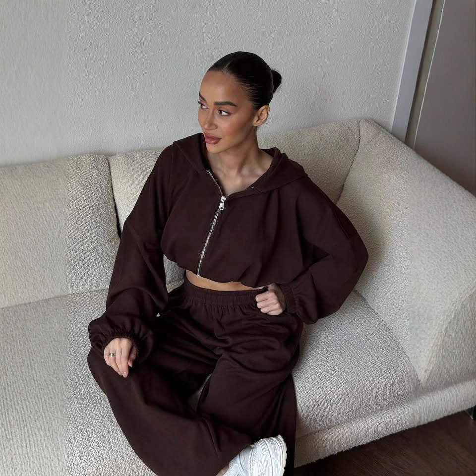 Damen Cropped-Zip-Hoodie und weite High-Waist-Loungehose Zweiteiler EB