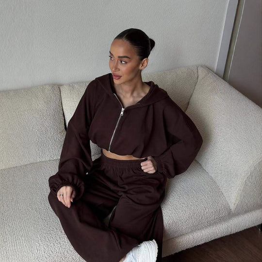 Damen Cropped-Zip-Hoodie und weite High-Waist-Loungehose Zweiteiler EB