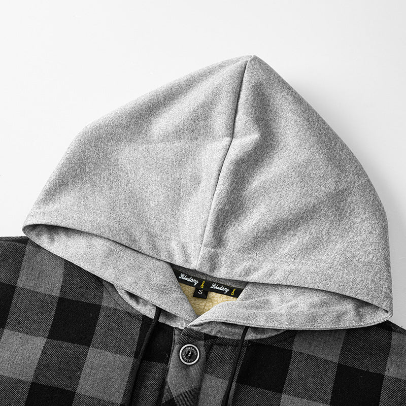 Herren kariertes Sherpa-gefüttertes Overshirt mit Kapuze, Brusttasche und Druckknopfverschluss EB