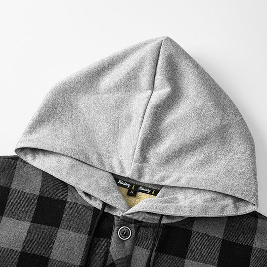 Herren kariertes Sherpa-gefüttertes Overshirt mit Kapuze, Brusttasche und Druckknopfverschluss EB