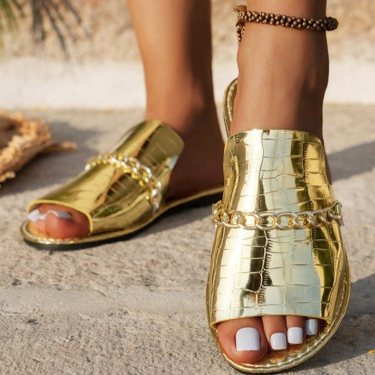 Damen elegante Riemchensandalen mit goldener Kettenverzierung EB