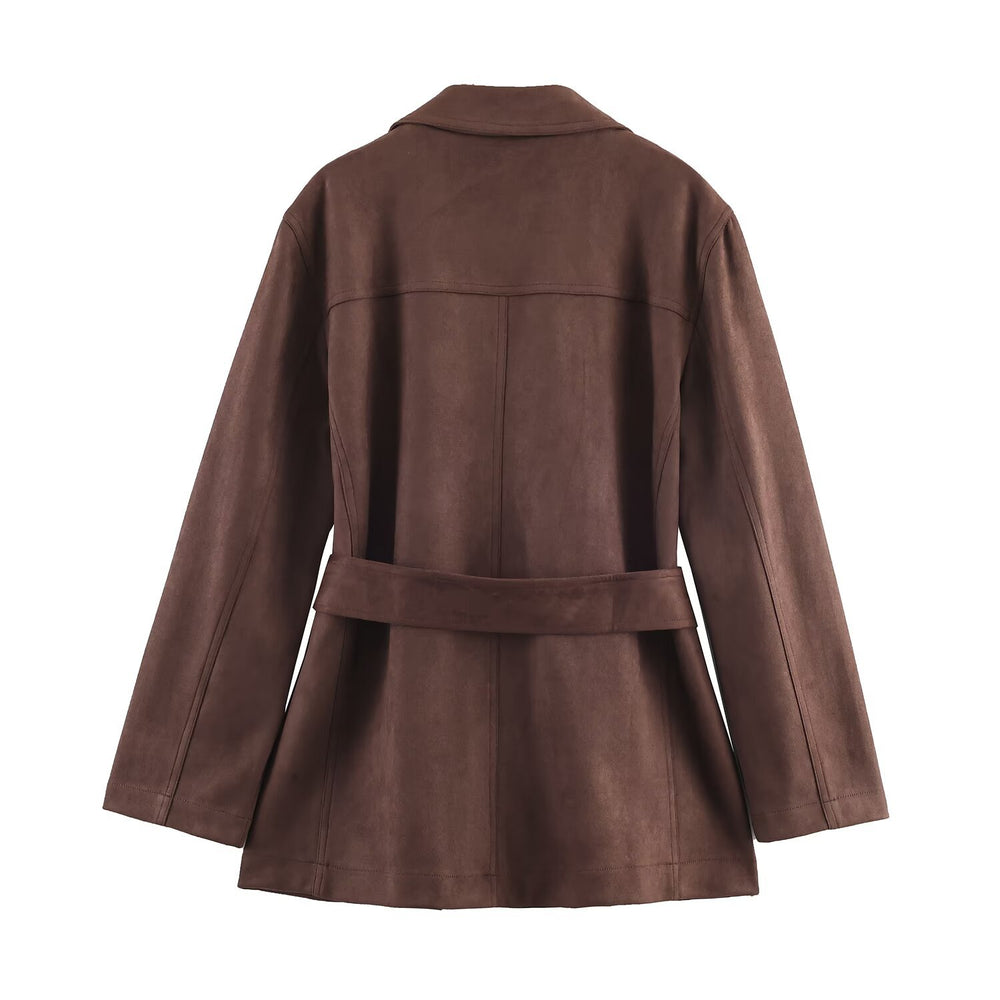 Damen elegante Suede Blazerjacke mit Taillengürtel EB