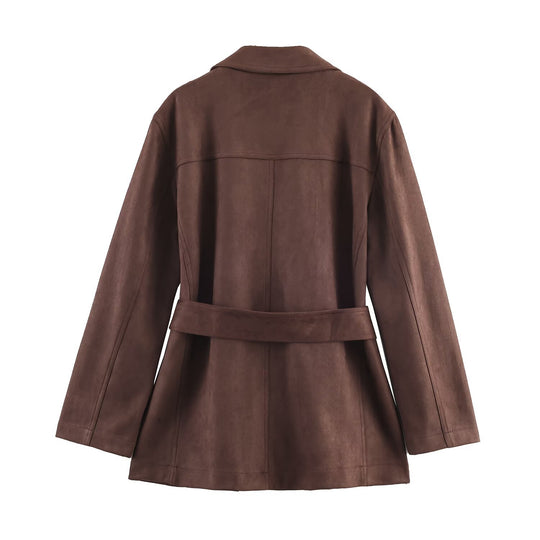 Damen elegante Suede Blazerjacke mit Taillengürtel EB