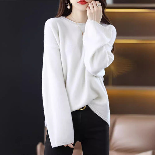 Damen weicher Strickpullover mit weitem Schnitt und legerem V-Ausschnitt EB