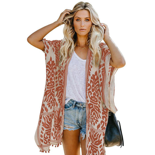 Damen Luftige Kimono-Cardigan mit aufwändigem Muster und fransenbesetzten Saum EB