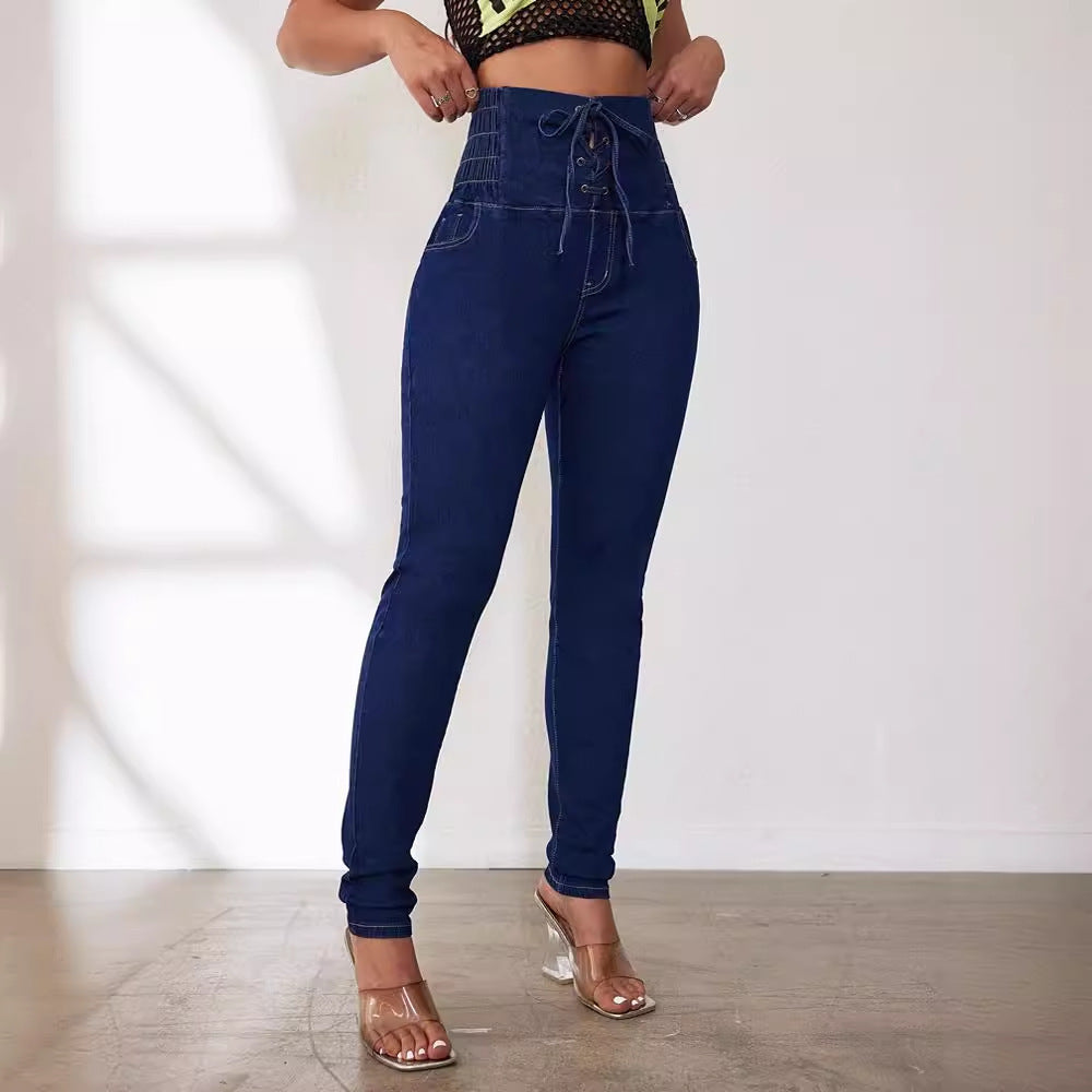 Damen Hochtaillierte Jeans mit verstellbarem Kordelzug und taillierter Passform EB