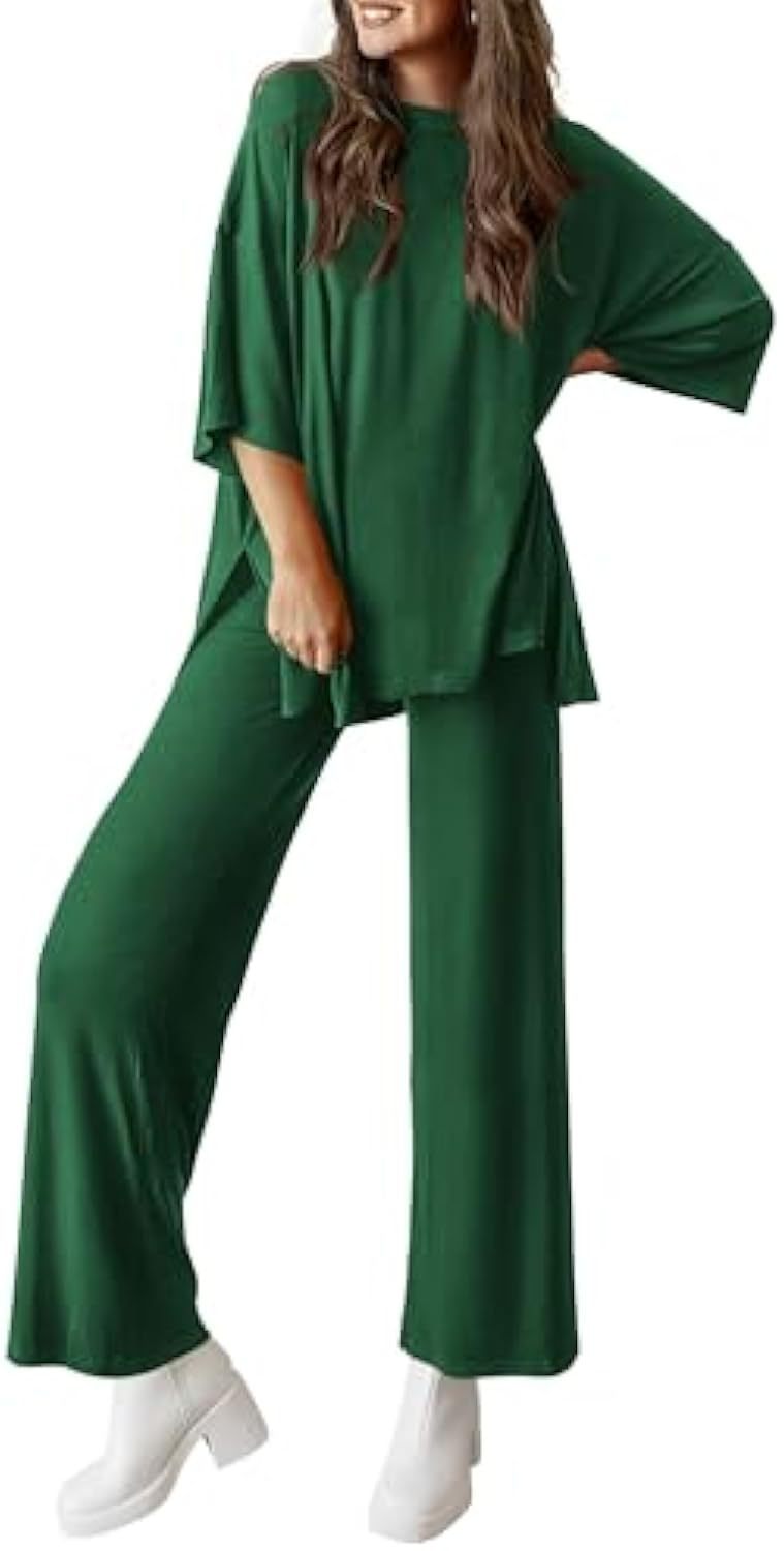 Damen Lässiges Lounge-Set aus weichem Jersey mit Oversize-Tunika und weiter Palazzo-Hose EB