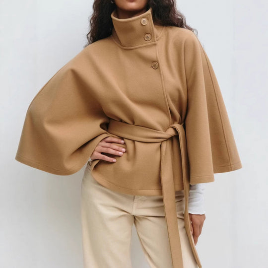 Damen Wollmantel im Cape‑Stil mit Stehkragen und Taillengürtel EB