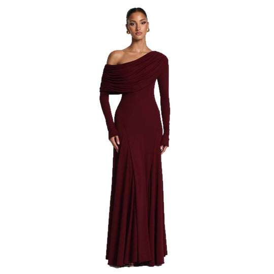 Damen Elegantes Langarm-Maxikleid mit asymmetrischem Drapierungsdetail EB
