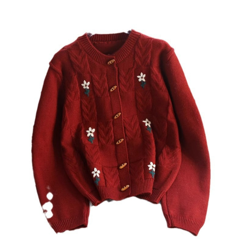 Damen Strickjacke mit floralem Zopfmuster und Holzknöpfen EB