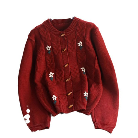 Damen Strickjacke mit floralem Zopfmuster und Holzknöpfen EB