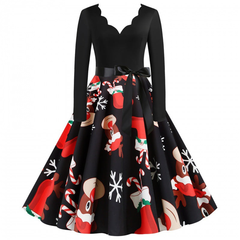 Damen Vintage-Festkleid im 50er-Jahre Stil mit gewelltem Halsausschnitt, figurbetontem Oberteil und voluminösem Tellerrock EB