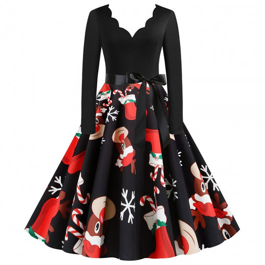 Damen Vintage-Festkleid im 50er-Jahre Stil mit gewelltem Halsausschnitt, figurbetontem Oberteil und voluminösem Tellerrock EB
