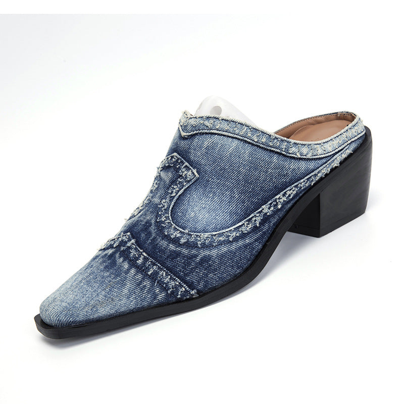 Damen stilvolle Jeans-Pantoletten mit spitzem Zehenbereich und Blockabsatz EB
