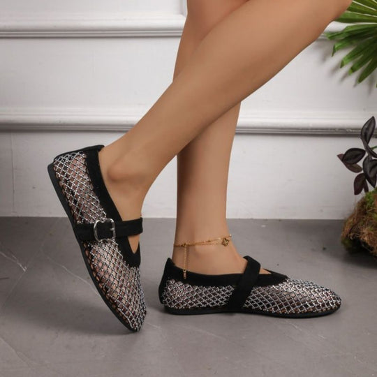 Damen Netz-Ballerinas mit dekorativem Riemen EB