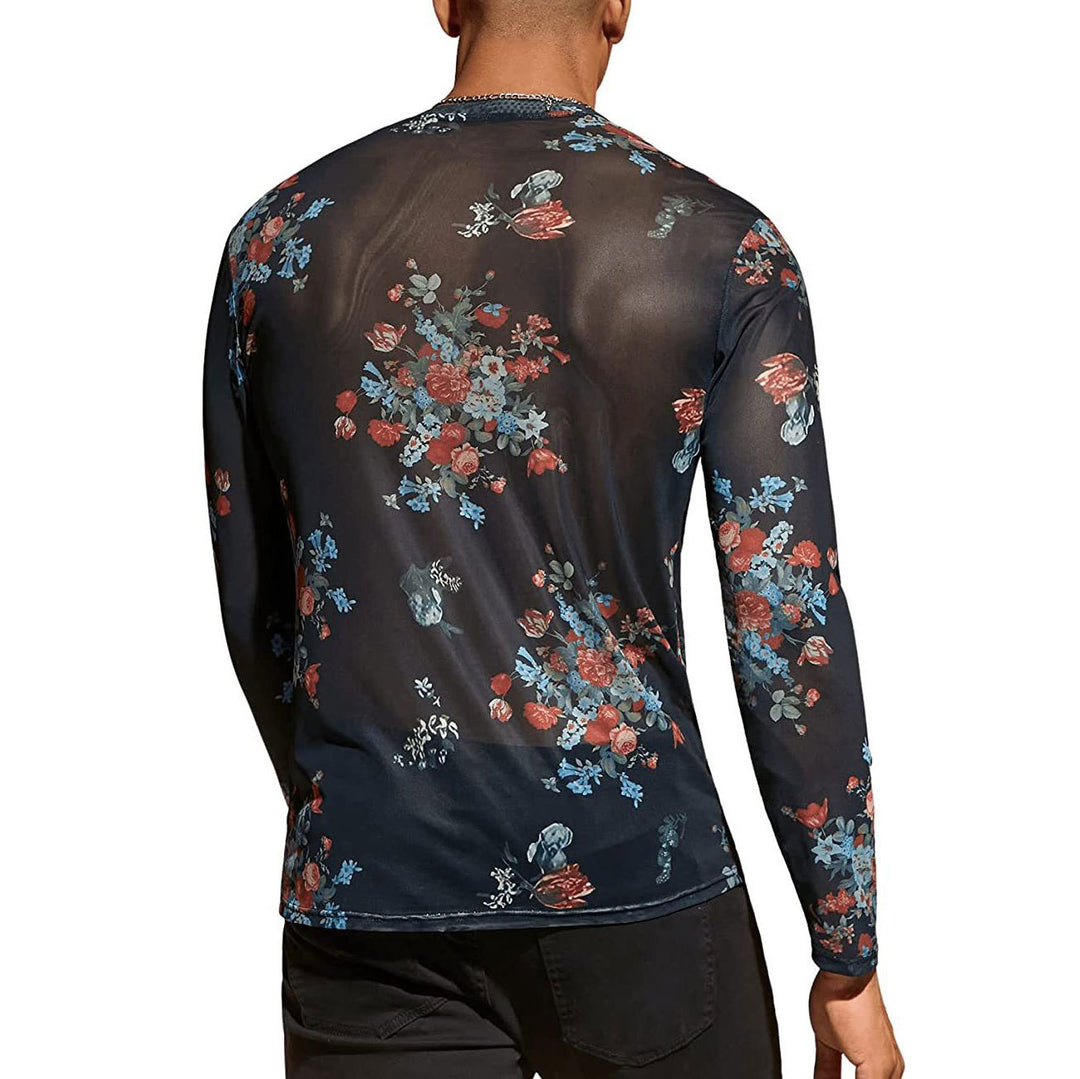 Herren Langarmshirt mit floralem Muster und transparentem Stoff EB