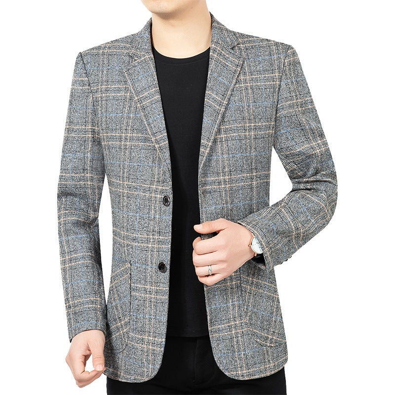 Herren Kariertes Slim-Fit Sakko mit strukturiertem Wollmix und aufgesetzten Taschen EB