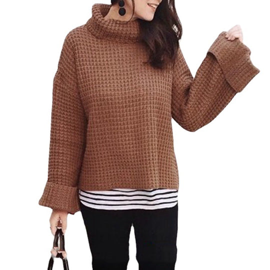 Damen Oversized Strickpullover mit hohem Kragen und strukturiertem Gewebe EB