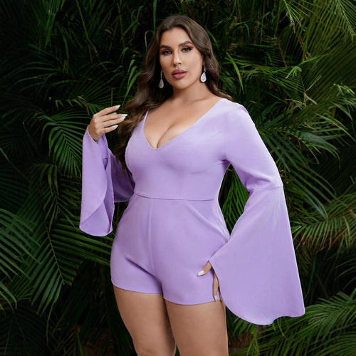 Damen Eleganter Playsuit mit weitem Arm und tiefem V-Ausschnitt EB