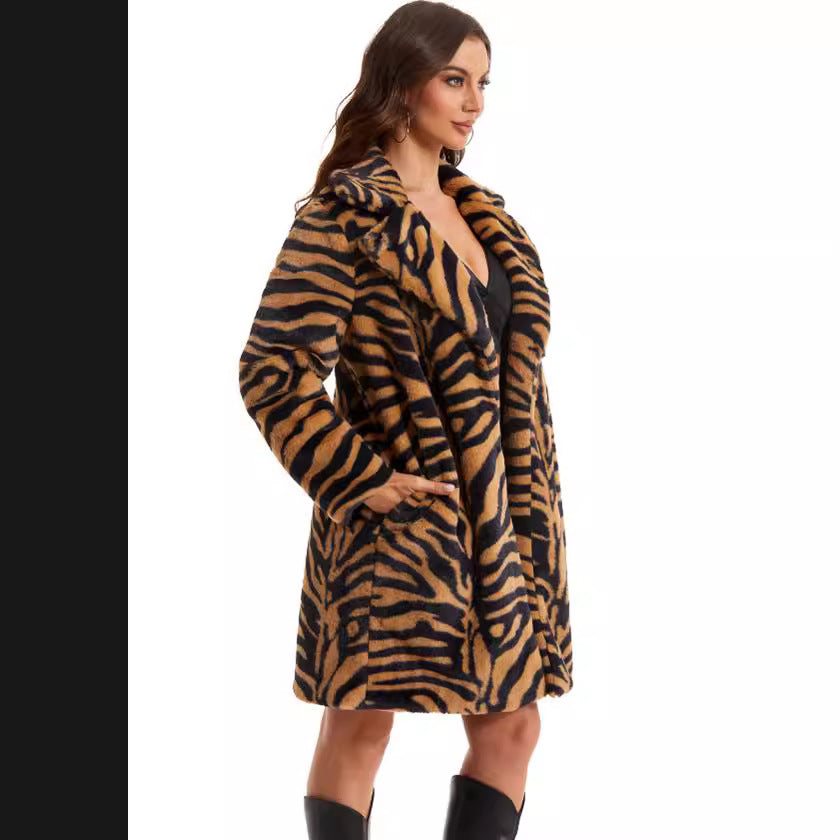 Damen Stylish und flauschiger Kunstfellmantel mit Zebra-Design EB