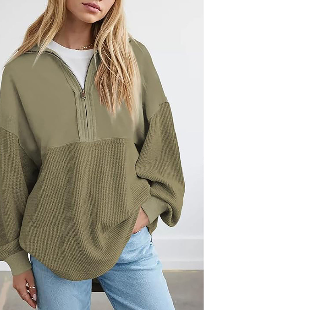 Damen lässiger Kapuzenpullover mit halblangem Reißverschluss und strukturiertem Material EB