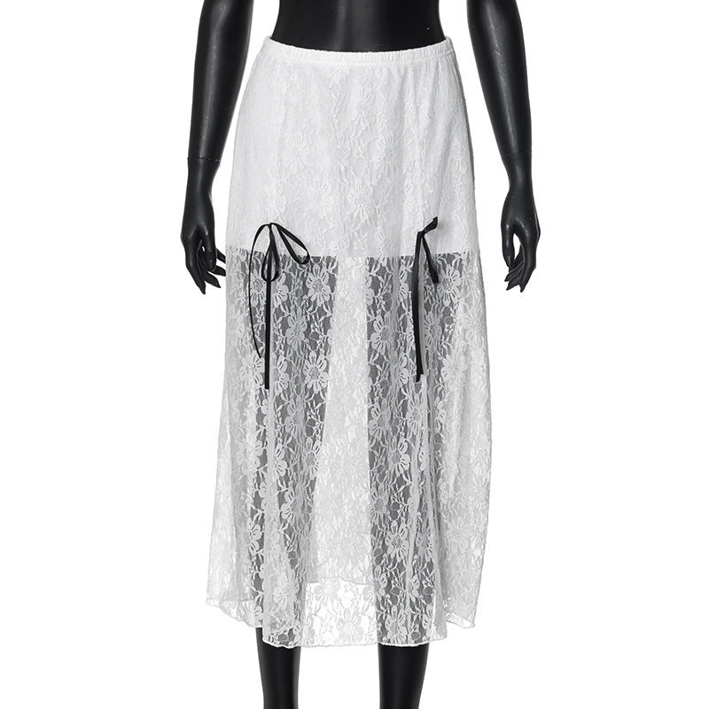 Damen eleganter Spitzenrock mit transparenten Einsätzen und raffinierten Bindebändern EB