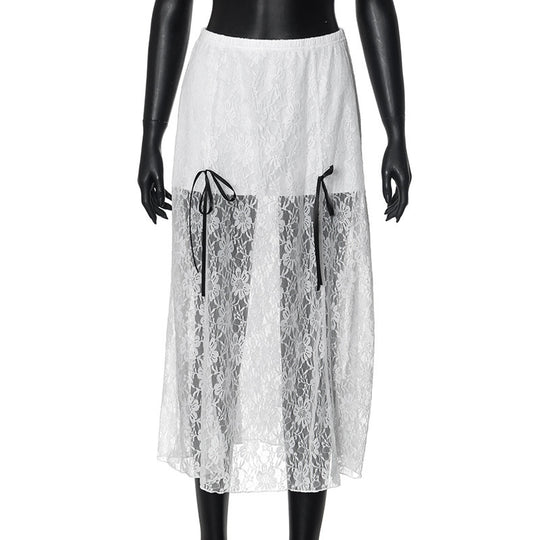 Damen eleganter Spitzenrock mit transparenten Einsätzen und raffinierten Bindebändern EB