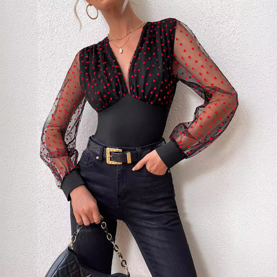 Damen Elegantes Bodysuit mit transparenten Ärmeln und Tupfen-Design EB