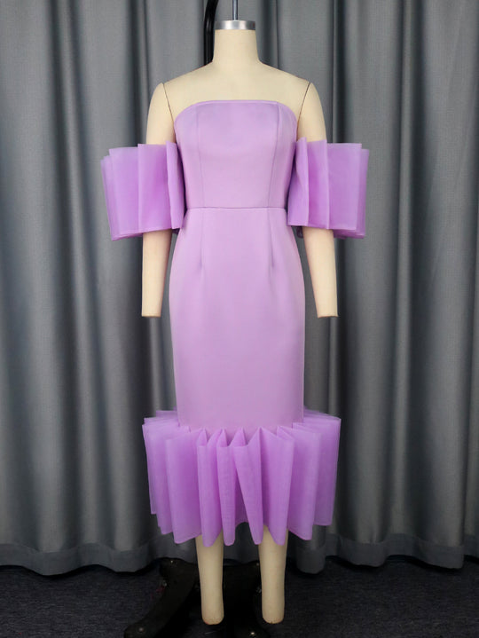 Damen Elegantes Midi-Kleid mit voluminösen Rüschenärmeln und asymmetrischem Saum EB
