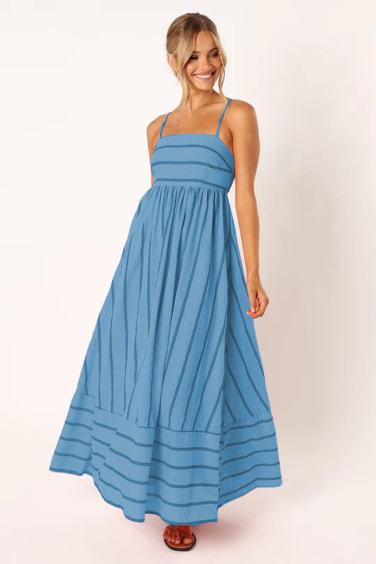 Damen Maxi-Kleid mit schmalen Spaghettiträgern und eleganten Querstreifen EB