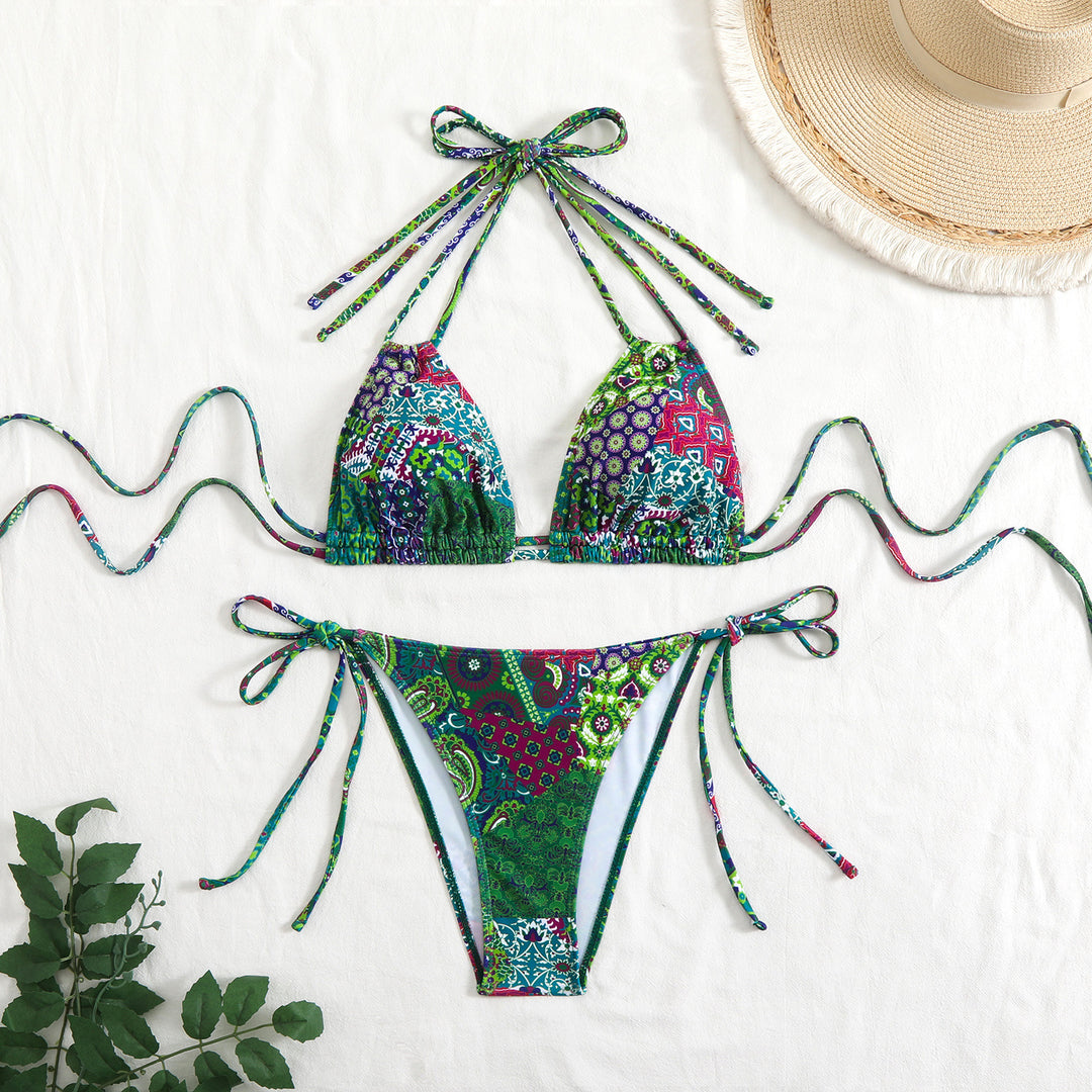 Damen Bikini-Set mit verspieltem Bindeband und buntem Muster EB