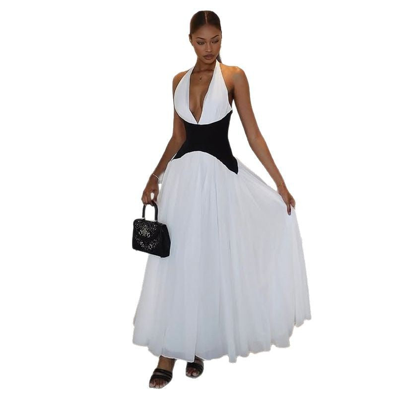 Damen Abendkleid mit tiefem V-Ausschnitt und fließendem Rock EB