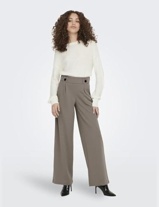 Damen High-Waist Culottehose mit Zierknopf-Bund und weitem Bein EB