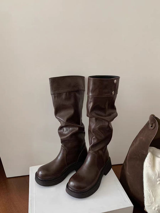 Damen Overknee-Stiefel mit elastischem Falten-Design und robustem Blockabsatz EB