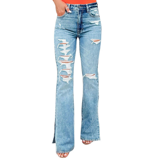 Damen Flared Jeans mit Distressed-Effekten und seitlichen Schlitzen EB