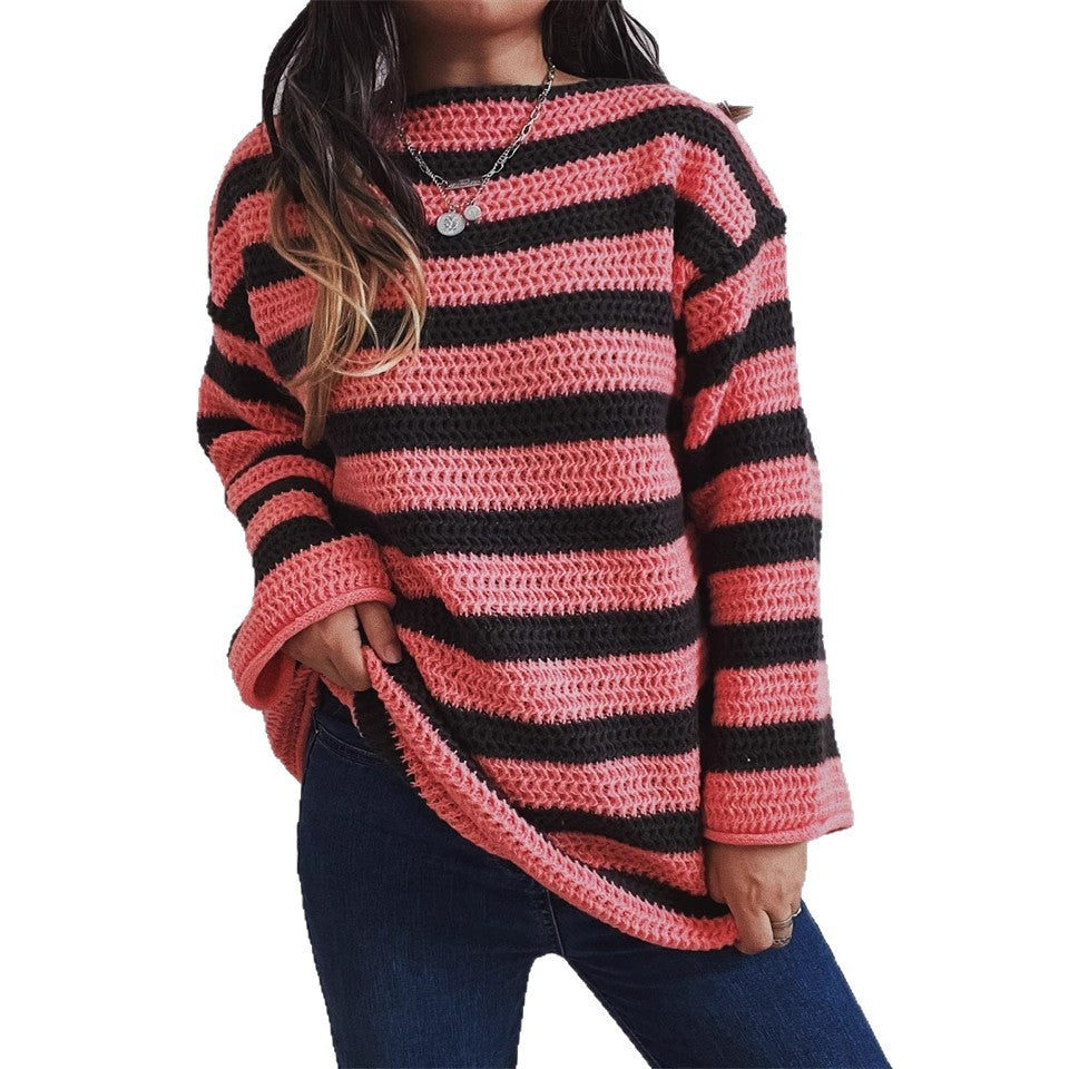 Damen lässiger Strickpullover mit kontrastierenden Streifen und weitem Schnitt EB