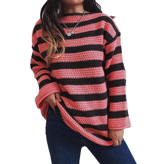 Damen lässiger Strickpullover mit kontrastierenden Streifen und weitem Schnitt EB