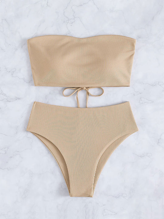 Damen Bandeau-Bikini mit hohem Bund und feinen Streifen EB