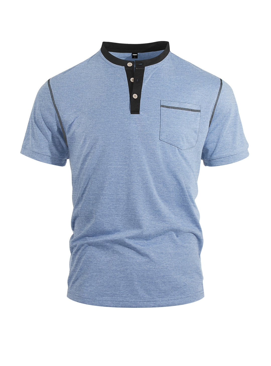 Herren nan legeres Kurzarm-Bandkragenshirt mit Knopfleiste Brusttasche und Flatlocknähten EB