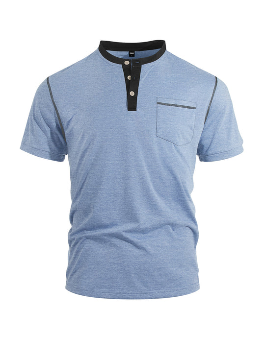 Herren nan legeres Kurzarm-Bandkragenshirt mit Knopfleiste Brusttasche und Flatlocknähten EB