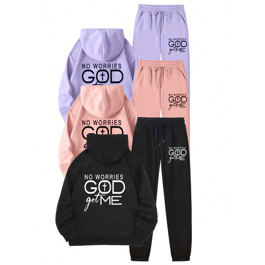 Damen Sportliches Hoodie- und Jogginghosen-Set mit inspirierendem Motiv EB