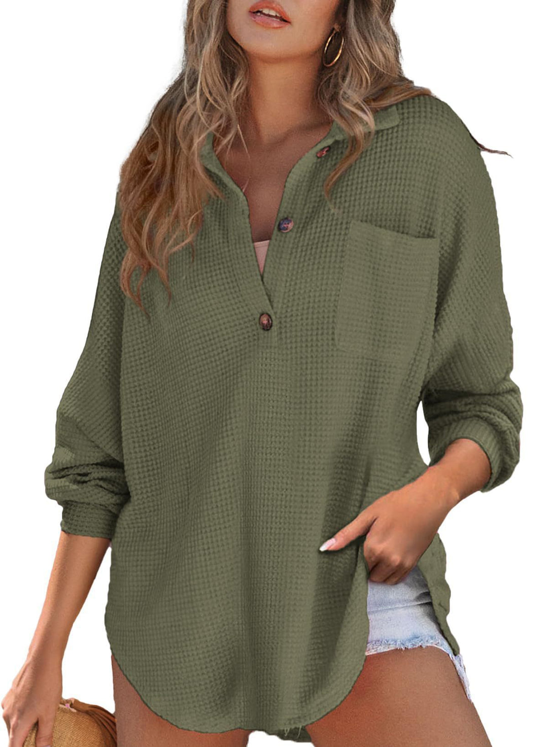 Damen Waffelstruktur Bluse mit Knopfleiste und Brusttasche EB