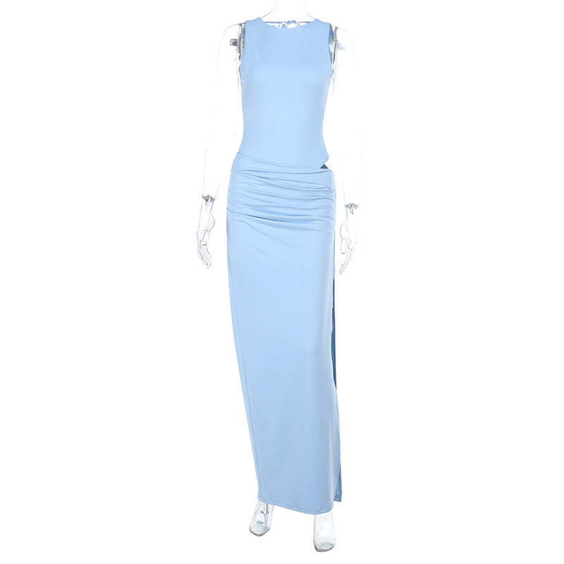 Damen elegantes Maxikleid mit asymmetrischem Design und raffiniertem Tailleneinsatz EB