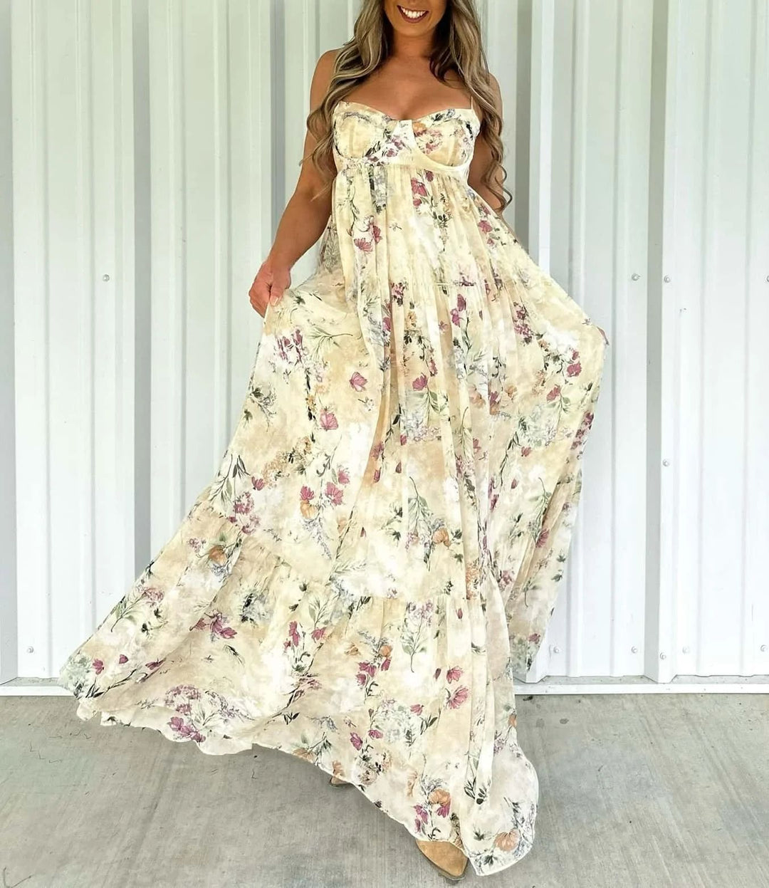 Damen nan trägerloses Maxikleid mit herzförmigem Bustier, geraffter Empire-Taille und weichem Stufenrock EB