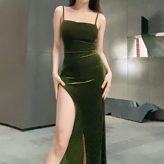 Damen Elegantes Stoff-Maxikleid mit seitlichem Schlitzausschnitt und schmalen Trägern EB