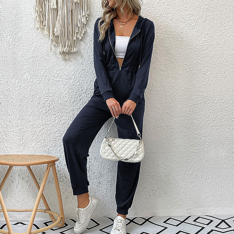 Damen lässiger Jumpsuit mit praktischem Reißverschluss und elastischem Taillenband EB