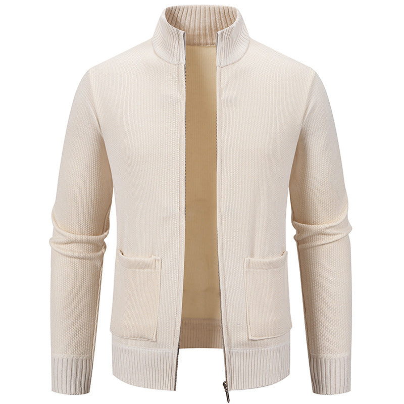 Herren nan feinstrukturierter Reißverschluss-Strickcardigan mit Stehkragen und aufgesetzten Taschen EB